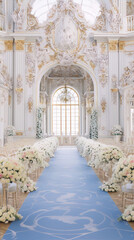 ornate white and gold wedding chapel interior with blue aisle runner and white floral arrangements