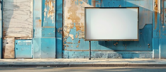 Poster - A blank signboard is displayed at the main entrance of a hotel, store, or business company, providing space for information or design customization. The storefront is located on a city street.