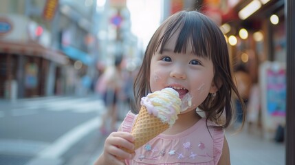 A little girl is eating an ice cream