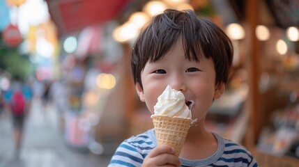 A little boy is eating an ice cream