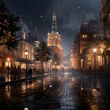 Fototapeta Londyn - Digital painting of a rainy night in Gdansk, Poland.