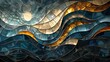 An abstract stained glass piece interweaving blue, gold, and clear glass, creating an impression of flowing water and light.
