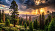 Sunrise view in pine forest on the mountain, nature wallpaper. Generative ai