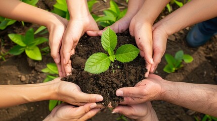 Small plant being nurtured by multiple hands representing growth and support within a community