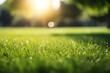 Vibrant green lawn freshly mowed under the clear blue sky, creating a soothing and inviting atmosphere with a mesmerizing bokeh effect in the background, ideal for nature and outdoor concepts.