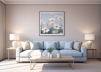 Serene living room pastel blue sofa white flowers wall art calm spring decor
