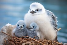 Three Adorable Baby Birds With Soft Light Blue Feathers Snuggled Closely In A Warm Nest On A Soft Blue Background, Creating A Heartwarming And Charming Scene