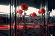 Red roses in a mirrored room with a dark background, 3D rendering, interior design, dark romanticism