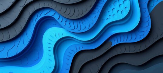Wall Mural - Abstract 3d wavy smooth dark matte background in black and blue, aesthetic concept.