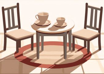 Two chairs and a table with two cups on it, with a red circular rug underneath, in a room with tiled floor and white walls, in a minimalist style.