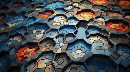 Poster - mosaic of interlocking polygons with intricate patterns and 3d depth effects