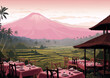 Pinkish purple volcano and green rice terraces view from a luxury restaurant with a traditional gazebo.