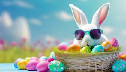 Sticker - Illustration of an Easter bunny with sunglasses, a basket and colorful Easter eggs.
