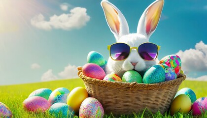 Wall Mural - Illustration of an Easter bunny with sunglasses, a basket and colorful Easter eggs.
