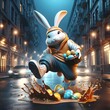 ai generated 3D Robot SCI-FI Futuristic Bunny Hip Hop style carrying Easter egg basket run jumping over muddy puddles on city roads. happy easter