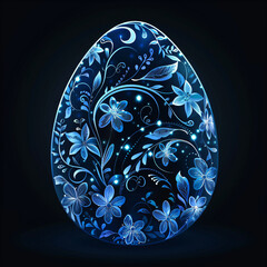 Wall Mural - Glowing and shining blue Easter egg with rustic floral pattern on dark background. Folk concept. Elegant design template for invitation, greeting card, flyer, banner, poster