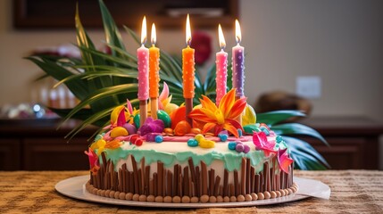 Hawaiian luau extravaganza cake with edible tropical fruits, leis, and candles shaped like tiki torches, set against a background of palm trees and a sunset beach.