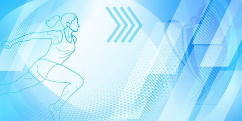 Wall Mural - Runner themed background in light blue tones with abstract curves and dots, with sport symbols such as a female athlete and a cup