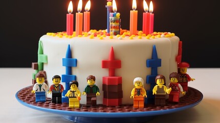 LEGO-themed cake with edible LEGO bricks, minifigures, and candles shaped like LEGO pieces.