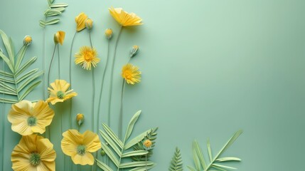 green grass and yellow flowers on light green background minimal top view flat lay with top copy spa