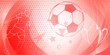 Football themed background in red tones with abstract dots, lines and curves, with sport symbols such as a football player, ball and cup