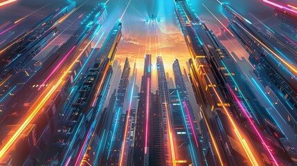 Wall Mural - a futuristic cityscape at dusk, illuminated by radiant neon lights and beams soaring upwards towards the sky, symbolizing technological advancement and a high-tech urban environment.