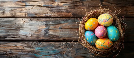 Easter eggs painted and placed in a basket on a wooden rustic table for holiday decoration. Ample space for creative display.