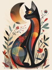 Sticker - A black cat sitting in front of a full moon, decorative cat with floral ornaments