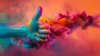 Hand covered in colorful paint reaching towards each other against a vibrant cloud of smoke, expressing creativity and connection; Concept of art, collaboration, and vibrant expression.
