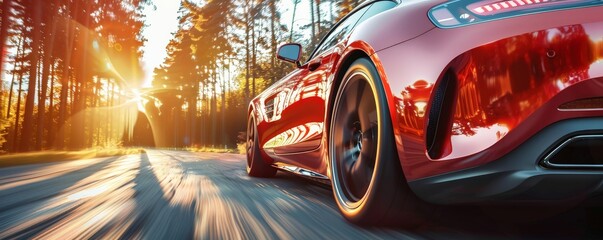 A red sports car is speeding down a road with the sun shining on it