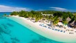Aerial view of beautiful tropical beach with white sand, turquoise water and blue sky