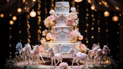 Wall Mural - Vintage fairytale carousel cake with edible fairies, unicorns, and candles shaped like carousel poles, set against a background of enchanted forest glades and sparkling fairy lights.