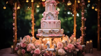 Wall Mural - Vintage fairytale carousel cake with edible fairies, unicorns, and candles shaped like carousel poles, set against a background of enchanted forest glades and sparkling fairy lights.