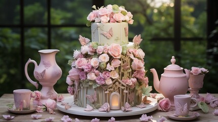Wall Mural - Vintage garden tea party cake with edible roses, teapots, and candles shaped like butterflies, set against a background of blooming flowers and Victorian gazebos.