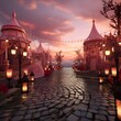 3D CG rendering of fairytale town with fire and lights