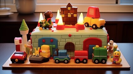 Wall Mural - Vintage toy chest cake with edible toys, trains, and candles shaped like toy blocks.