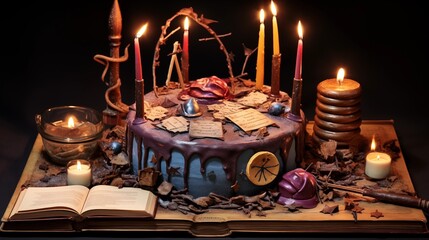 Wall Mural - Wizard-themed cake with edible spell books, potions, and candles shaped like magic wands.