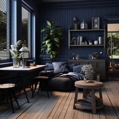 illustration of a black wooden living room in the style of uhd image, Generative ai