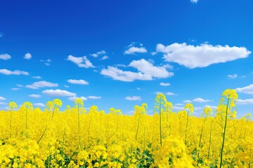 Yellow rapeseed field against blue sky background. Blooming canola flowers.
