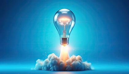 Wall Mural - a glowing lightbulb over clouds with a blue background, symbolizing innovation and ideas