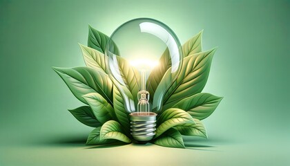 Wall Mural - A lightbulb surrounded by green leaves suggests eco-friendly and sustainable energy solutions