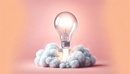 Wall Mural - a bright lightbulb taking off from a pink surface amidst clouds, denoting creative inspiration