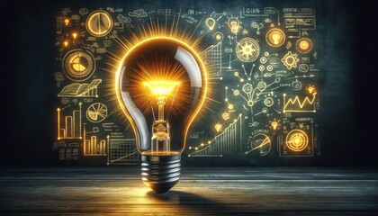 Wall Mural - a lightbulb illuminates with sketches of ideas and concepts on a dark backdrop, embodying thought an