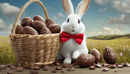 Canvas Print - Illustration of a red bow tie Easter bunny. Chocolate Easter Basket and Eggs.
