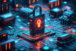 A 3D animated cartoon render of a digital padlock encircled by firewalls and computer code.