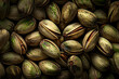 Close up of a pile of pistachios with nuts in shells, green organic natural snack, organic vegetarian healthy food