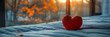 Red Heart on Bed by Window,
Closeup pillow red heart shaped on a white bed on bokeh background
