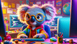 A cartoon koala with a sly look sits in front of a keyboard and learns to program. The concept of learning and science