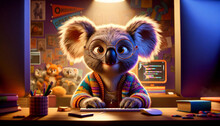 A Cartoon Koala Focuses His Eyes On Typing On A Keyboard And Learning To Program. The Concept Of Learning And Science