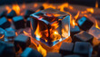 A photo of an ice cube and a fire cube side by side, taken in a wide format